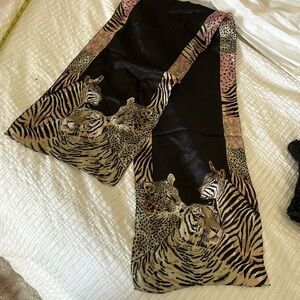 WILDLIFE (Lion, Tiger, Zebra) SILK SCARF 50X10 by LIZ CLAIBORNE- Black